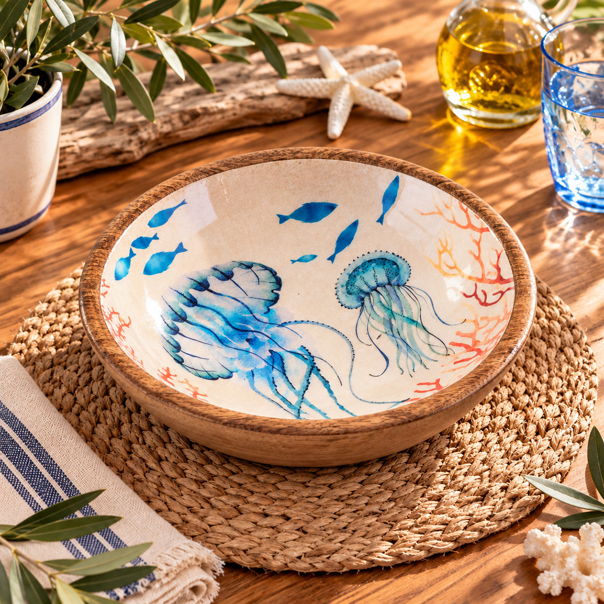 Bol en bois de manguier d�cor m�duses et fonds marins 20 cm