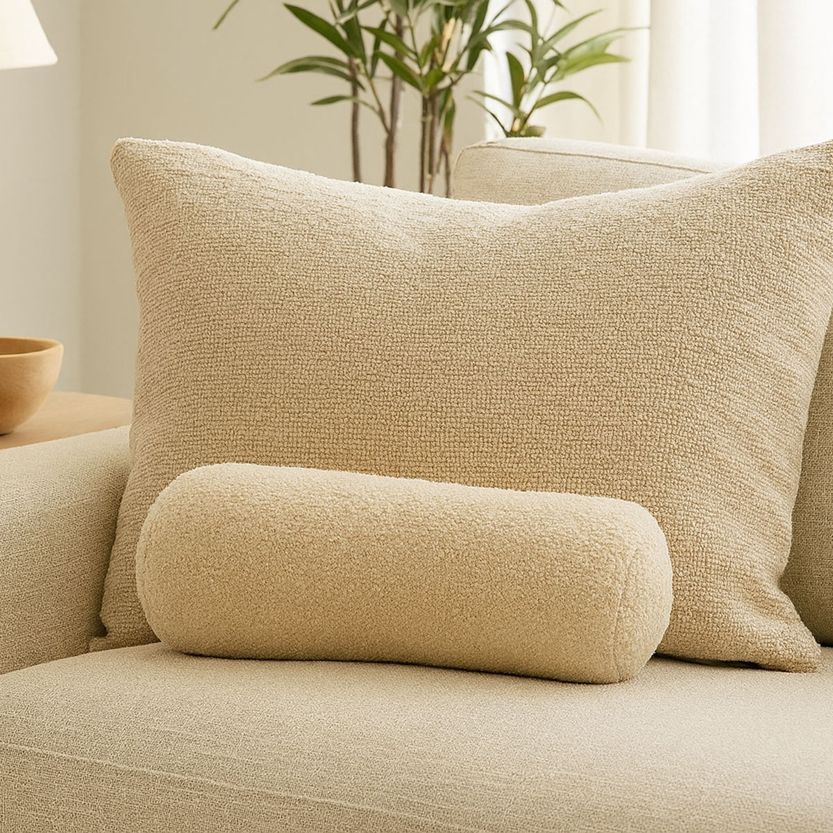 Coussin Sherpa Boucl Polyester Naturel Beige 45 x 18 cm