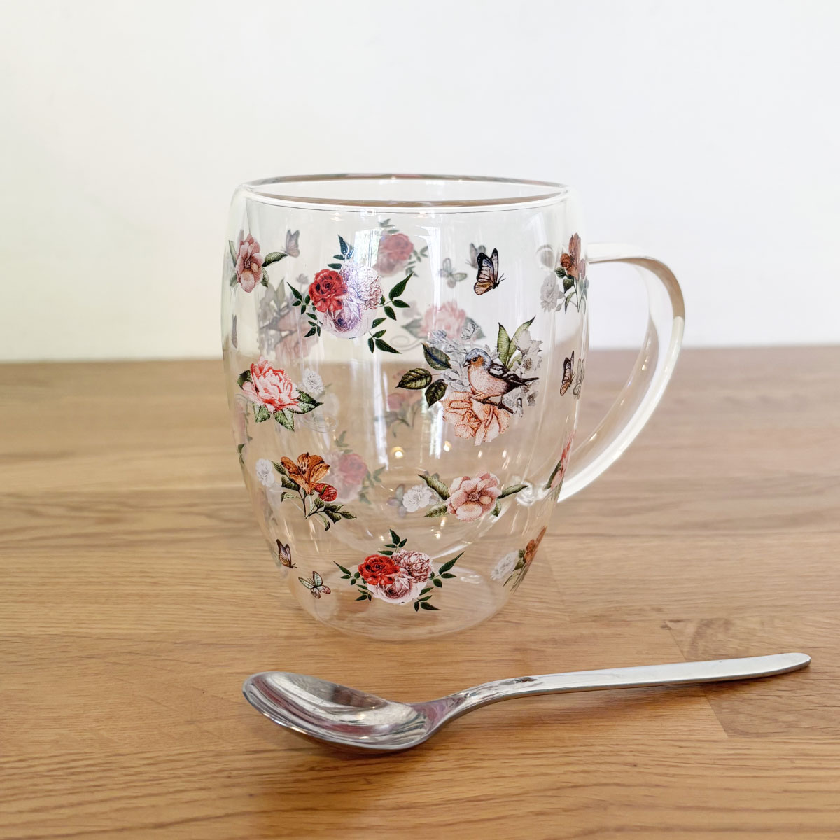 Tasse en verre double paroi Charlotte Fleurs, Oiseaux, Papillons