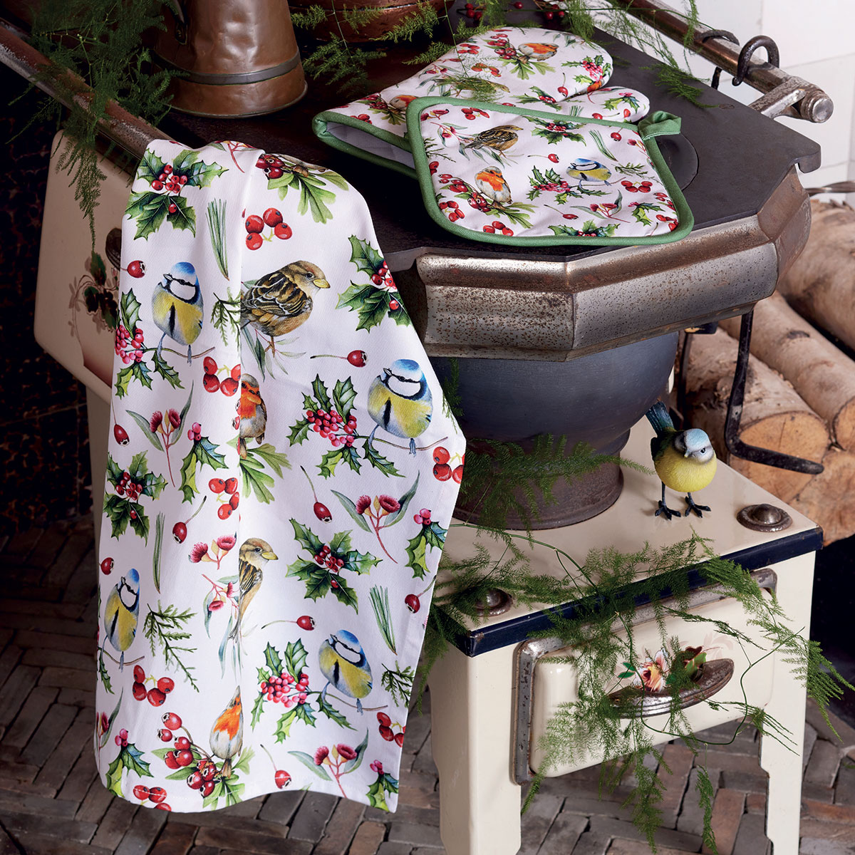 Torchon en coton oiseaux et baies 50 x 70 cm