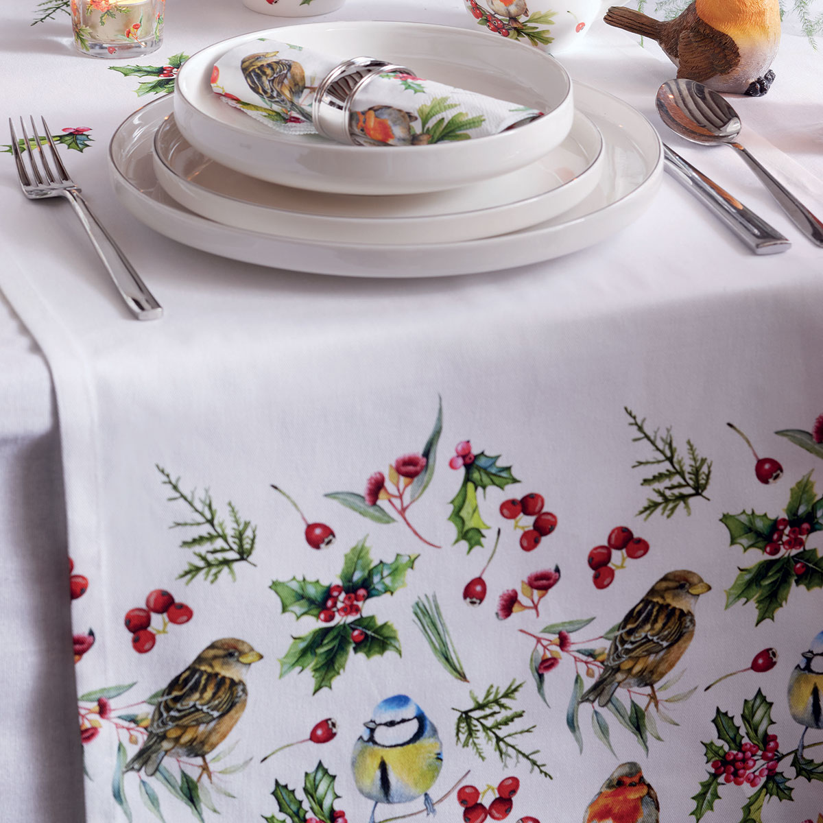 Chemin de table en coton oiseaux et baies 40 x 150 cm