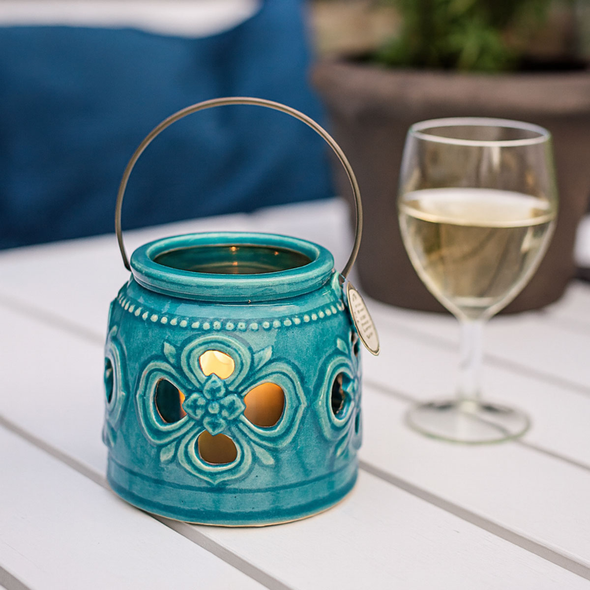 Grand Photophore Flower en Cramique Turquoise