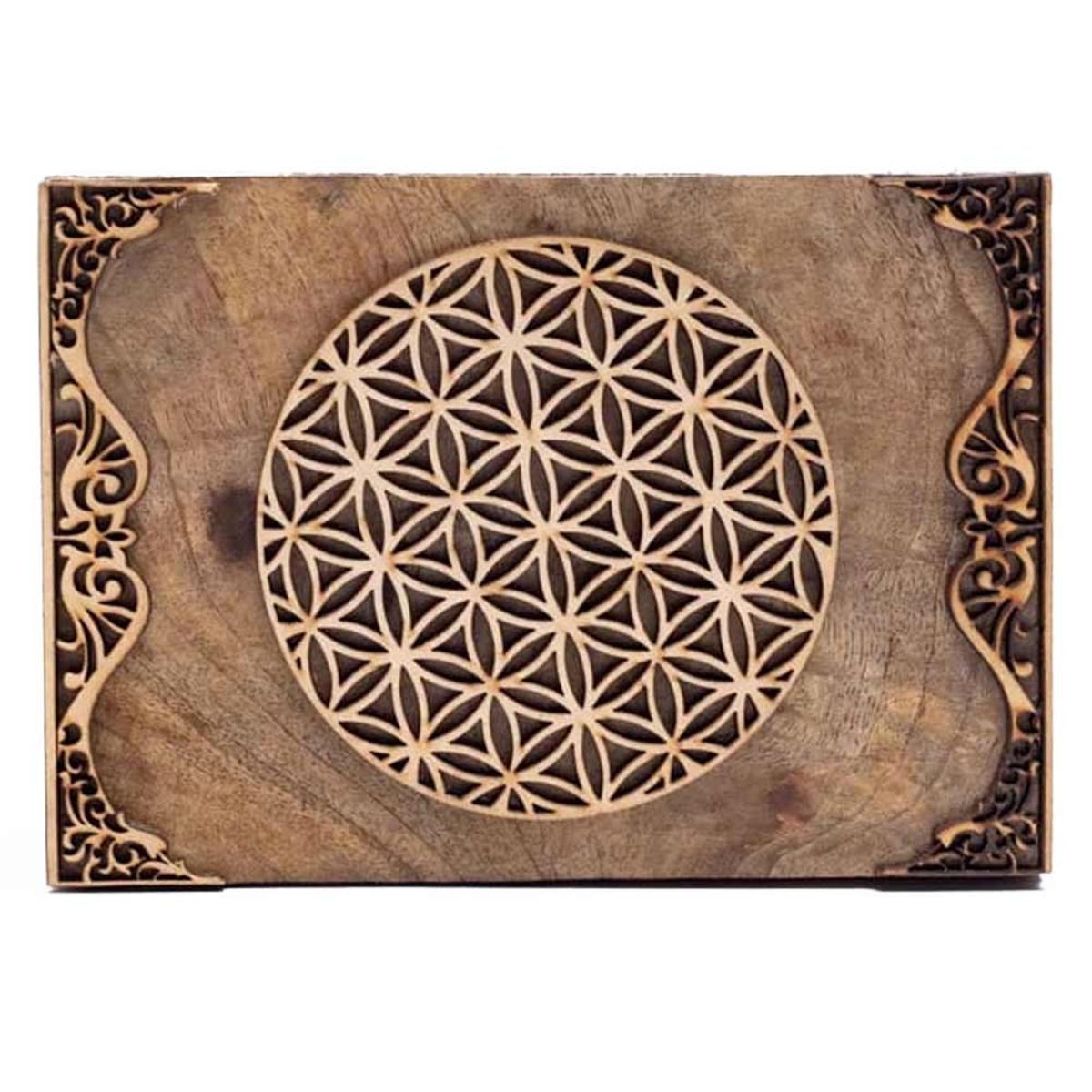 Boite pour tarots Fleur de Vie en bois de manguier 18 cm