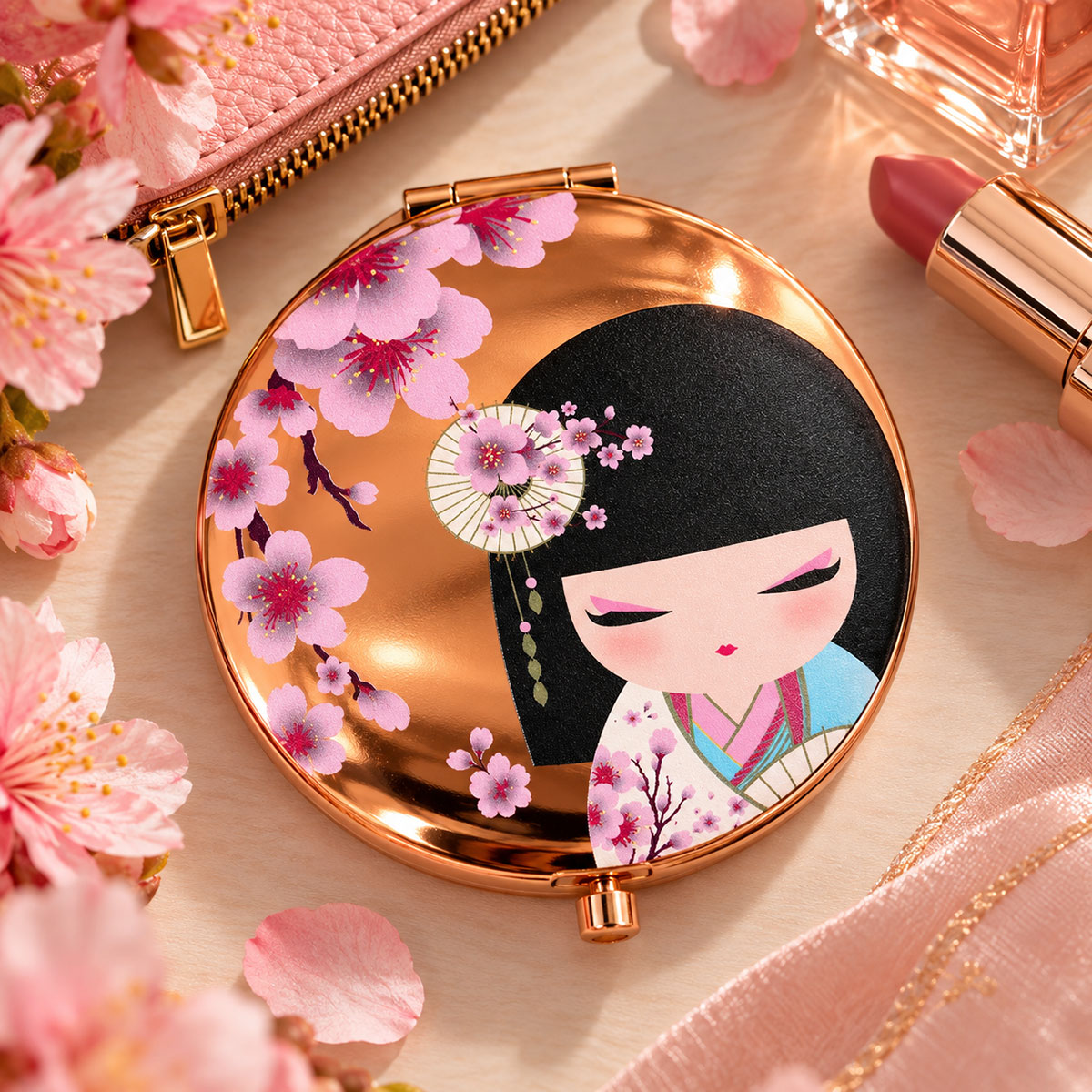 Miroir de poche double face Sakura fleurs de cerisier cuivr�