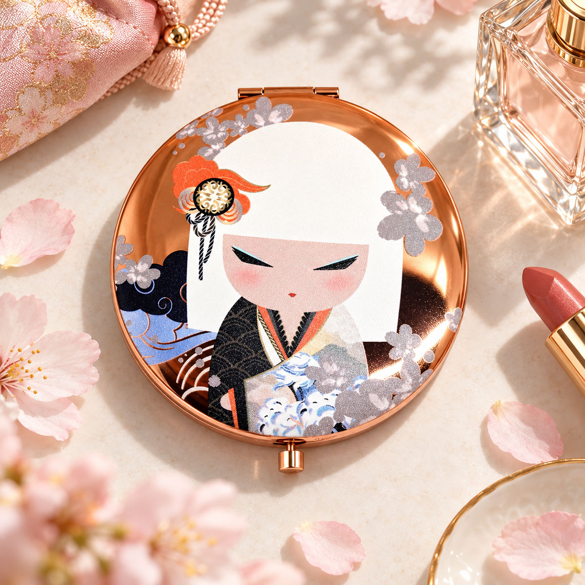 Miroir de poche double face poup�e japonaise fleurs de cerisier