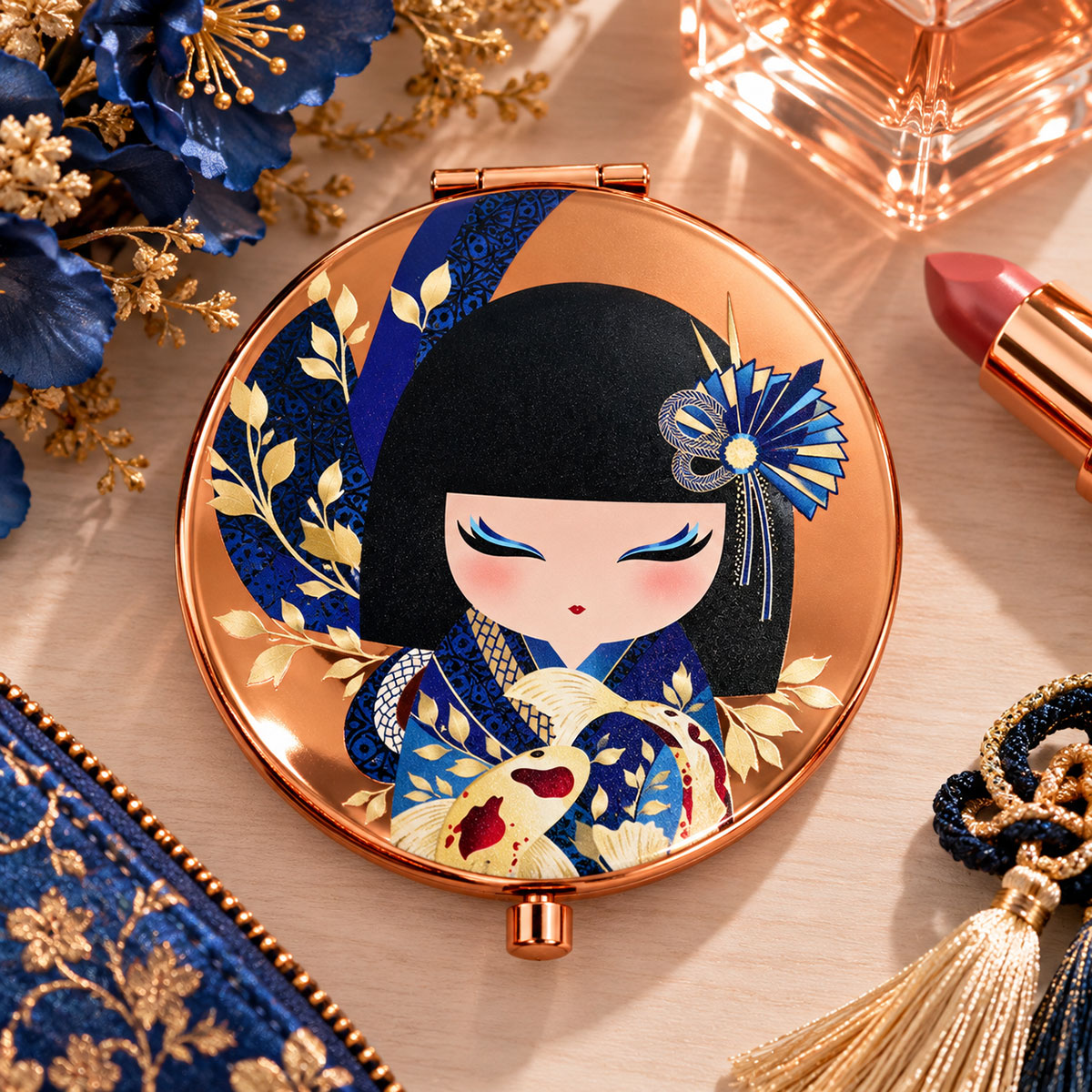 Miroir de poche double face Rikiyo carpes ko� bleu et cuivr�