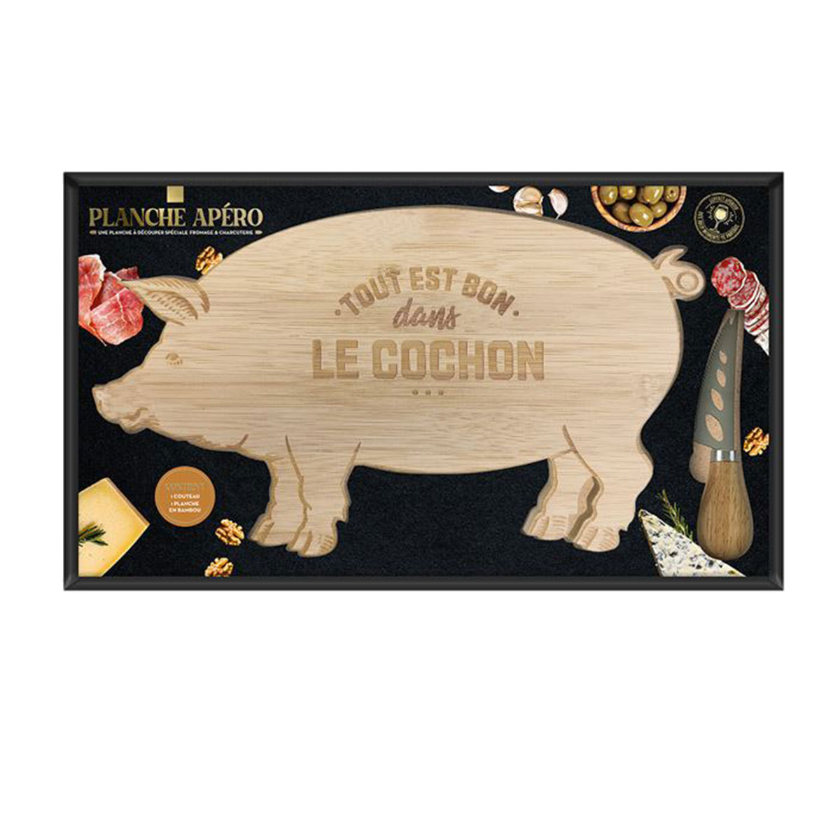 Coffret planche ap�ritif en bambou - Tout est bon dans le cochon