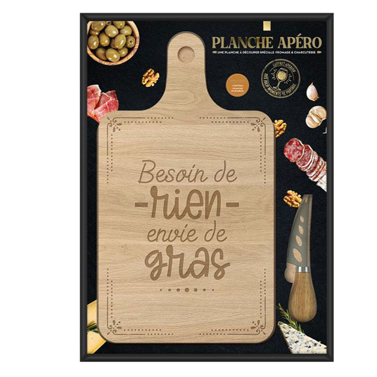 Coffret planche ap�ritif en bambou Besoin de rien...