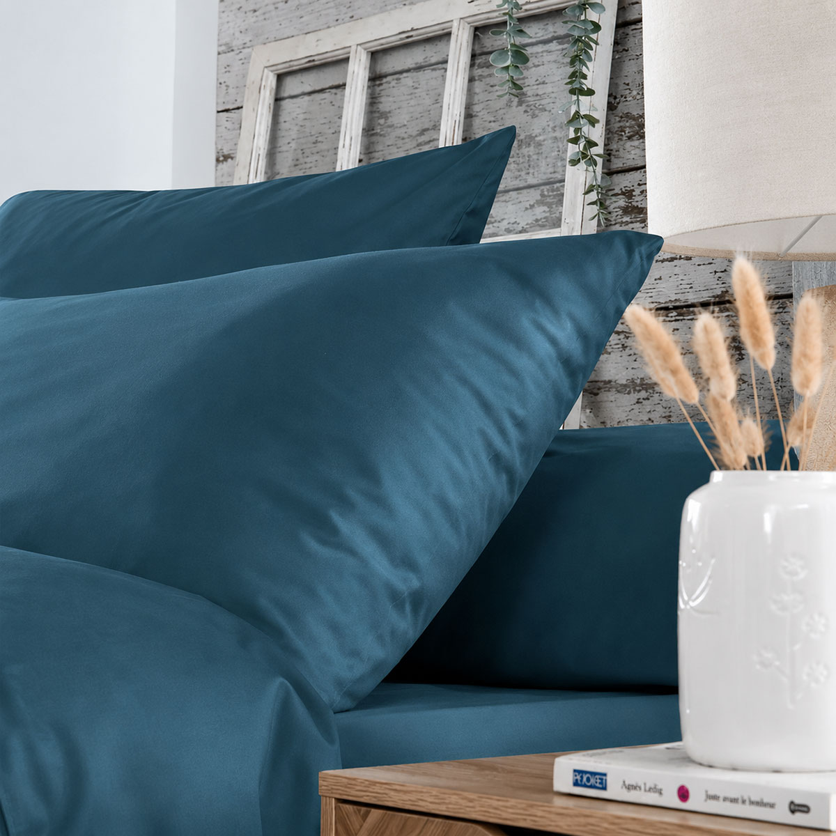 Taie traversin �lys�e bleu p�trole 45 x 185 cm en percale
