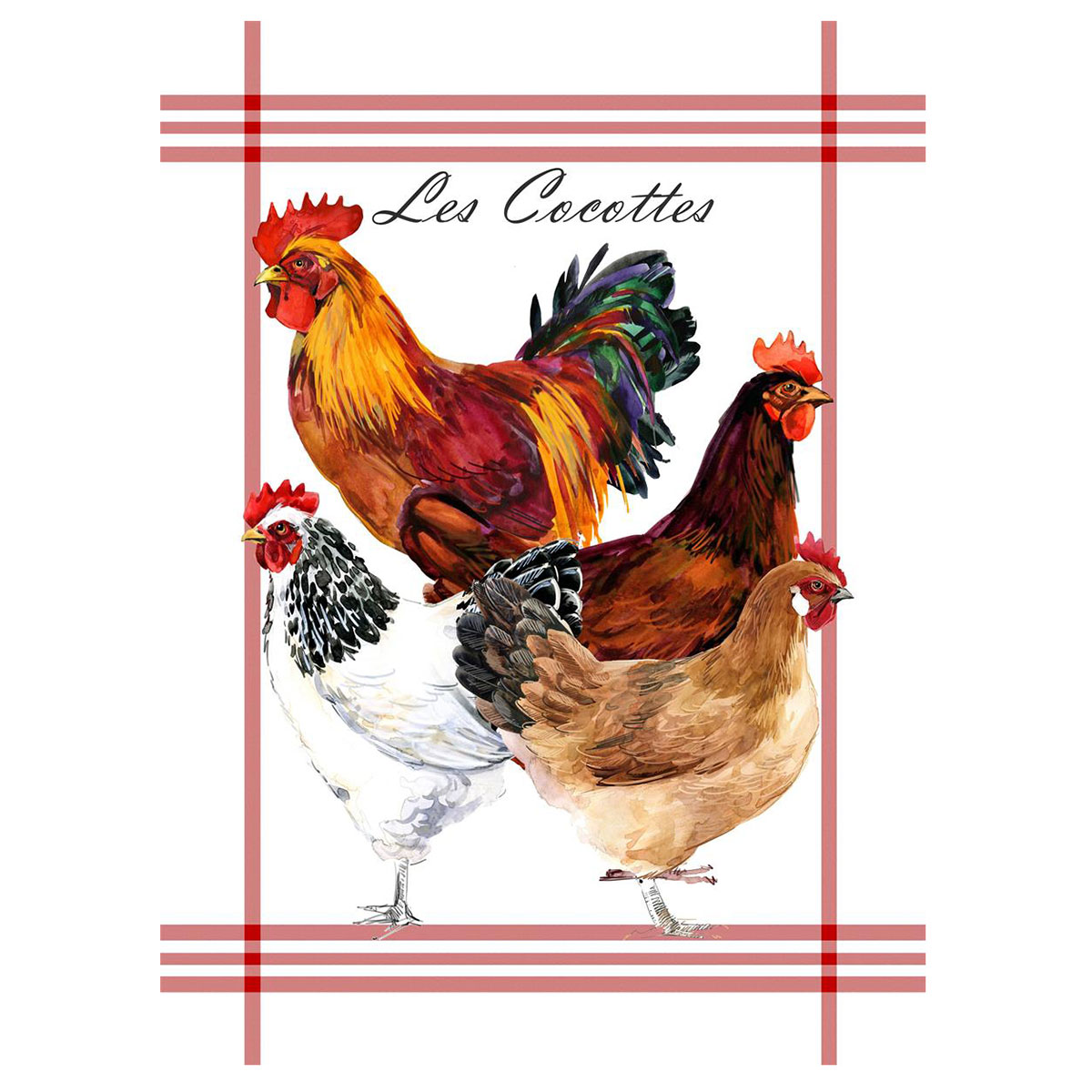 Lot de 3 torchons poules et coqs coton 50 x 70 cm