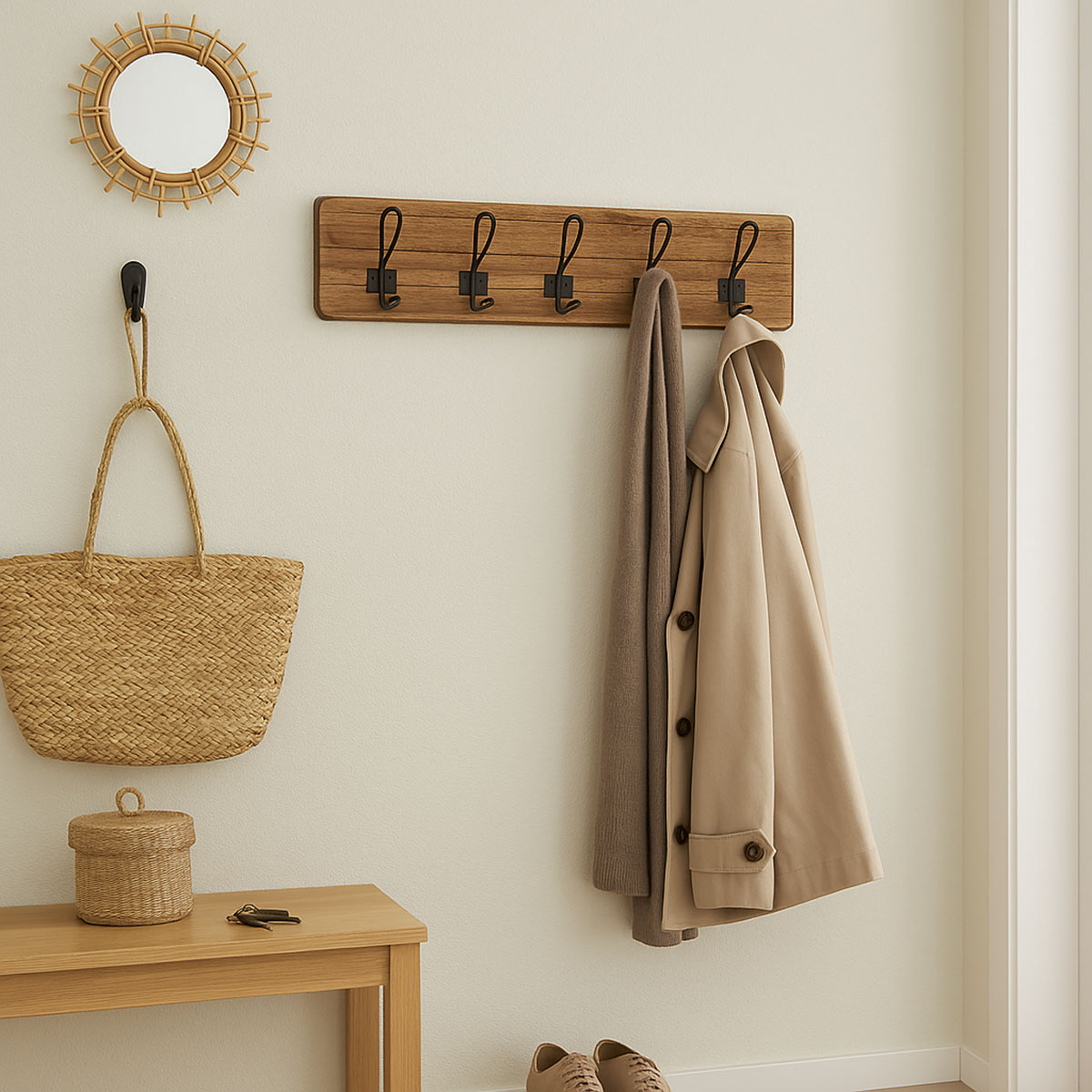 Porte-manteau mural bois Paulownia naturel 5 crochets