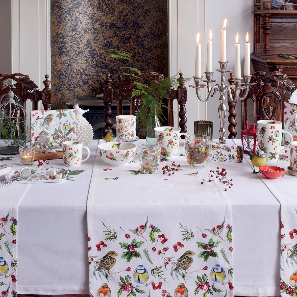 Chemin de table en coton oiseaux et baies 40 x 150 cm