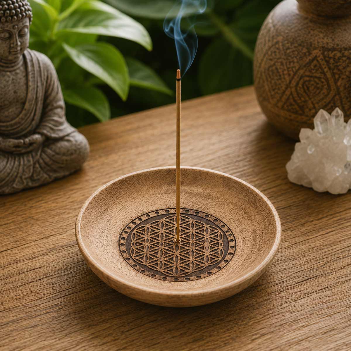 Porte-encens coupelle fleur de vie en bois de manguier