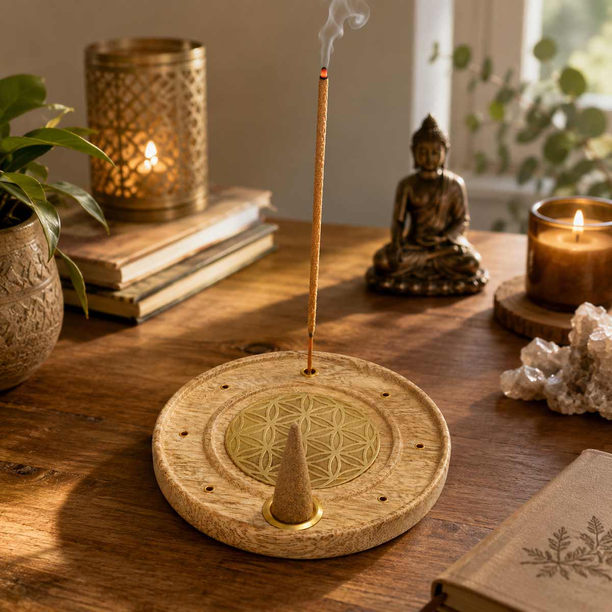 Porte-encens fleur de vie en bois de manguier