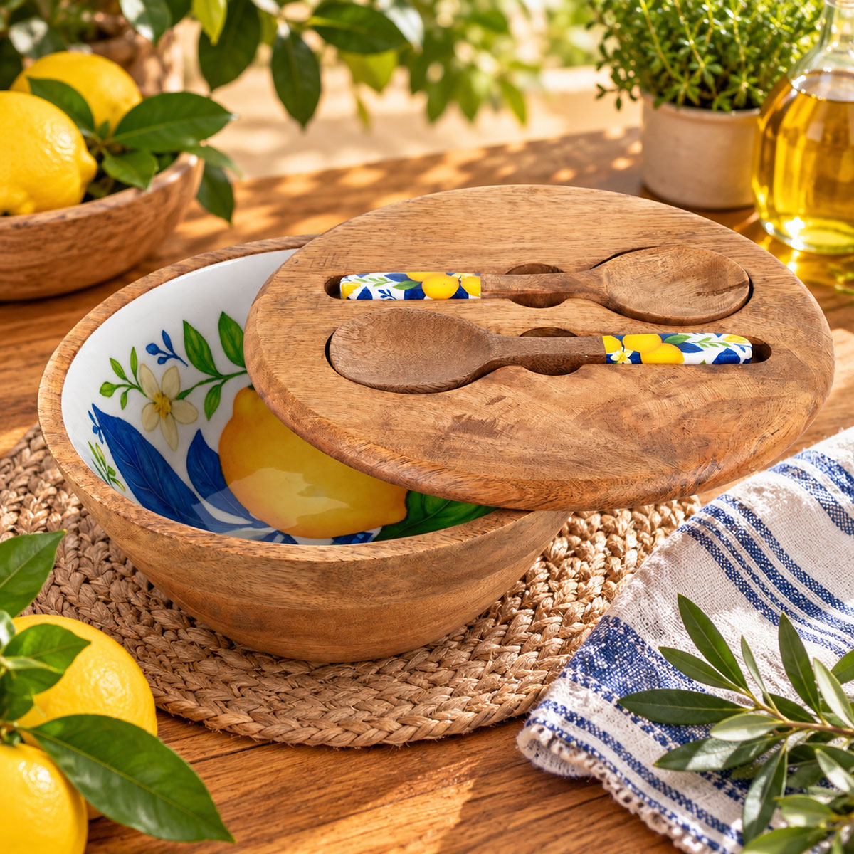 Saladier en bois et r�sine d�cor citrons avec couvercle 26 cm