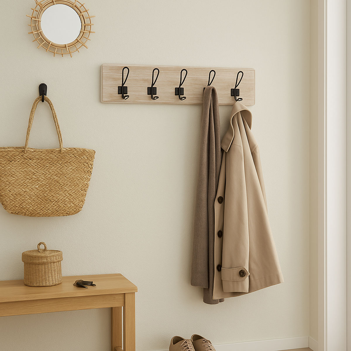 Porte-manteau mural bois Paulownia blanchi 5 crochets