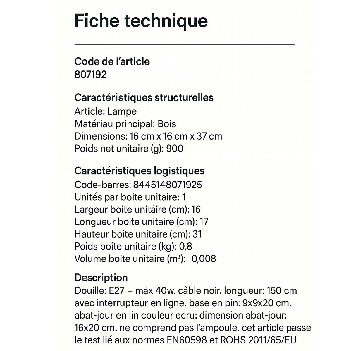 Lampe en bois et abat-jour en lin  style naturel