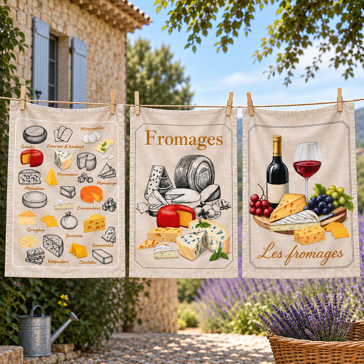 Lot de 3 torchons fromages coton serg� 50 x 70 cm