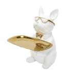 Figurine Bulldog majordome blanc et or en rsine 23 cm