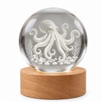 Veilleuse LED 3D pieuvre en verre sur socle en bois