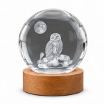 Veilleuse LED 3D hibou et pleine lune en verre et bois 8,5 cm