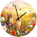 Horloge Murale Verre 29 cm Chatons dans un Champ Fleuri