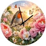 Horloge murale en verre rouge-gorge et pivoines D29 cm