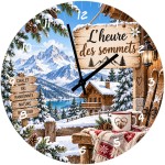 Horloge murale montagne chalet et ski en verre 29 cm
