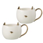 Coffret cadeau 2 mugs chats en porcelaine blanche et or