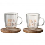 Set de 2 mugs cocooning en verre avec sous tasses en bois