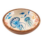Bol en bois de manguier d�cor m�duses et fonds marins 20 cm