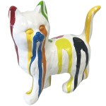 Statuette chat blanc en cramique finition multicolore