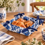 Corbeille � pain pliable en coton fleurs bleues 20 � 20 cm