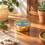 Petite bo�te ronde en laiton dor� arbre de vie color� 5 cm